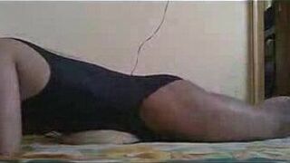 Horny boy in black one piece swimming costume and masturbating with horn sound - porn video