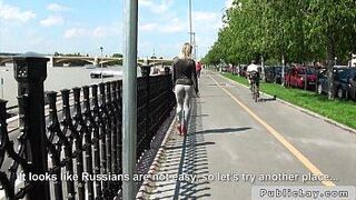 Tanned brunette babe fucking for cash in woods - porn video