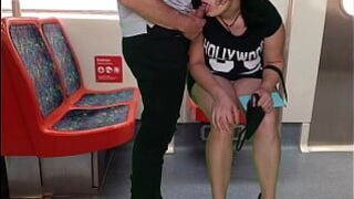 the girl in a dress without panties on the train gave a handjob to a stranger and a blowjob in public - porn video