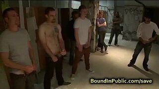 Bound gay anal gangbanged in suspension - porn video